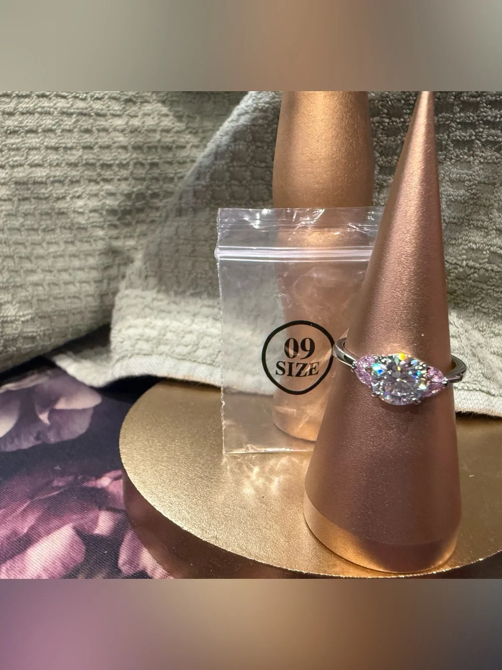 Silver Moissanite Oval Engagement Ring - Size 09 - Pink Accents
